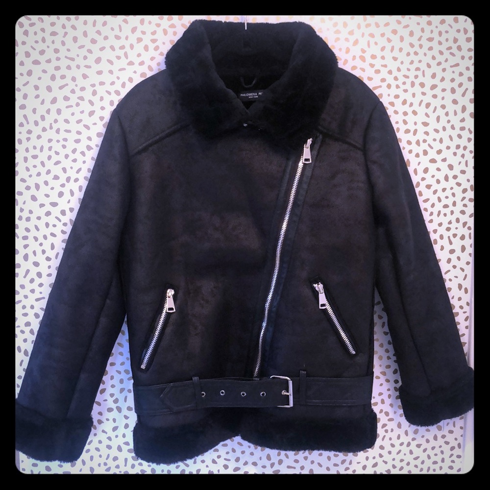 Black faux suede motorcycle jacket